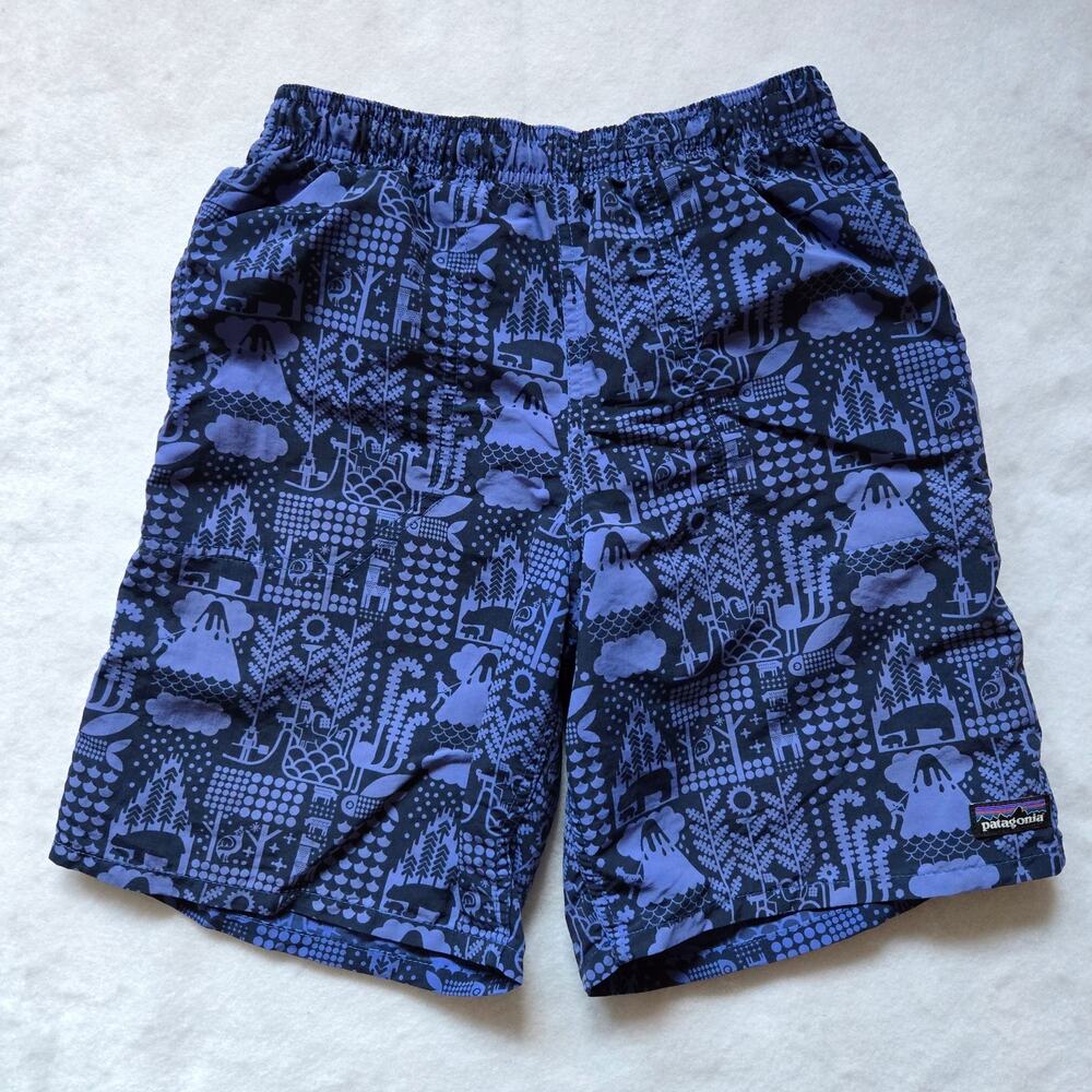 Patagonia Boy's Bathing Suit, Board Shorts, Blue Black, Mesh Pockets, Size XL